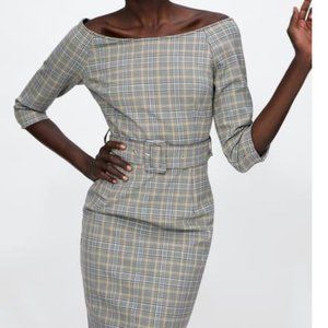Zara off the shoulder plaid dress with belt NWT